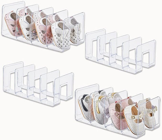 Clear Acrylic Kids Shoe Rack for Closet Organizers and Storage | 4 Pack Small Shoe Rack 4 Sections Toddler Baby Shoe Storage Organizer Stackable Shoe Shelf, Desk File Sorter Book Purse Organizer