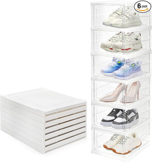 Hedume 6 Pack Clear Shoe Boxes Stackable, Drop Front Shoe Storage Box, No Assembly Plastic Shoe Organizer Storage Bin with Door, Free Standing Shoe Shelf Cabinet with Lid for Size 13, 13.6"x10"x7.9"