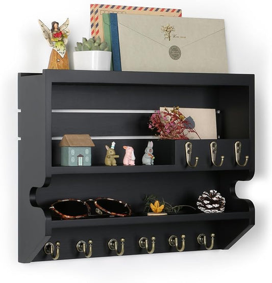 Innovation Handcrafted Solid Pine Wood Key Holder for Wall - Artisan Hand-Sprayed Mail Organizer Wall Mount with 9 Heavy Duty Hooks, Finely Sanded Smooth Surface Entryway Decor, Black