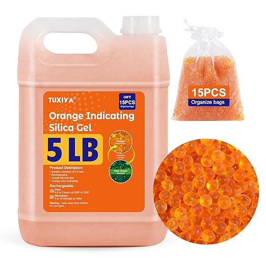 5 LBS Orange Indicating Silica Gel Desiccant Beads,(Industry Standard 3-5 mm) Rechargeable Silica Gel Beads for 3D Filament, Electronic Devices, Camera, Jewelry, Safe(15PCS Organza Bag)