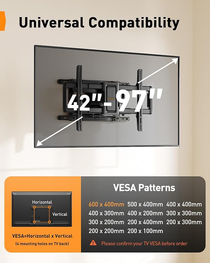 Perlegear Full Motion TV Wall Mount for 42–97 inch TVs up to 132 lbs, Preassembled and Telescopic Design for Easy Setup, Swivel, Tilt and Extension, Fits 16″/18″/24″ Wood Studs, Max VESA 600x400mm