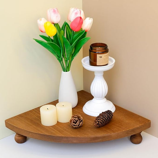 Corner Counter Wood Shelf, Rustic Pedestal Stand, Farmhouse Corner Shelves Stand, Tray Riser for Coffee Bar, Bathroom Countertop Organizer Corner, Centerpiece Display Riser for Kitchen (Wooden)