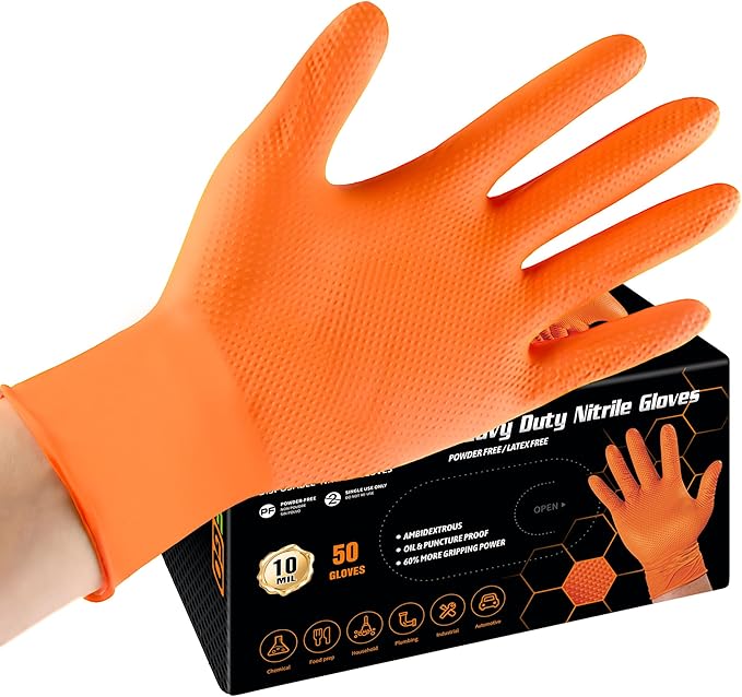 TREEGO 10 Mil Orange Nitrile Gloves Heavy Duty — High-Visibility Diamond Texture Grip, Latex Free Disposable Mechanic Rubber Gloves, XLarge, 100 Count