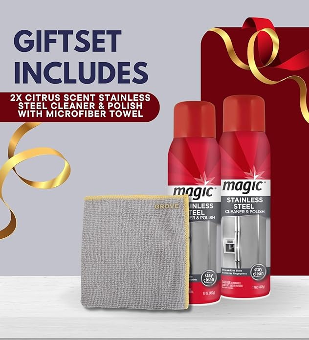 Magic Stainless Steel Cleaner & Polish Spray 17 oz Bundle with Microfiber Cloth - Foaming Formula for Easy Cleaning of Appliances, Sinks, and Chrome Surfaces - Gift Set (3 Items)