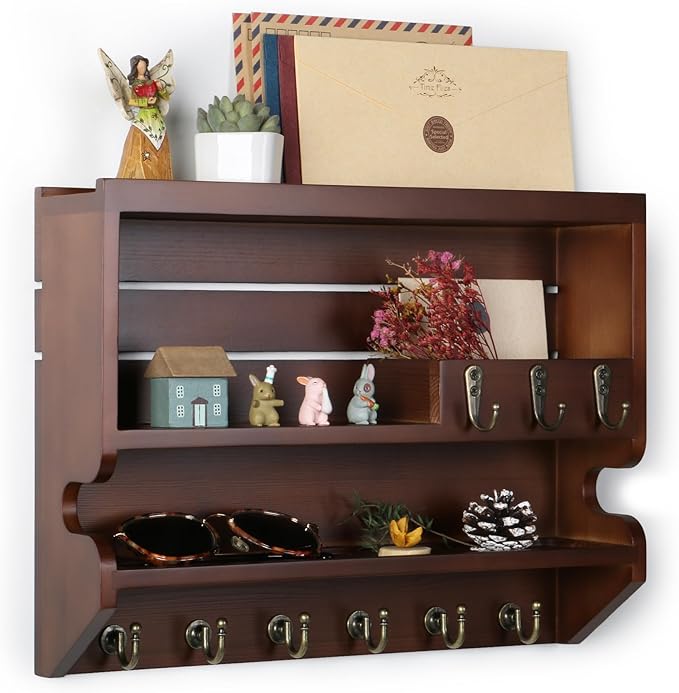 Innovation Handcrafted Solid Pine Wood Key Holder for Wall - Artisan Hand-Sprayed Mail Organizer Wall Mount with 9 Heavy Duty Hooks, Finely Sanded Smooth Surface Entryway Decor, Walnut