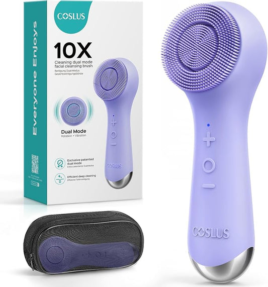 COSLUS FBS03 Face Scrubber Facial Cleansing Brush: 2 in 1 Spin and Vibration Patented, Silicone Electric Exfoliator Scrubber with Automatic Foaming, Waterproof Face Cleanser Brush for Men and Women