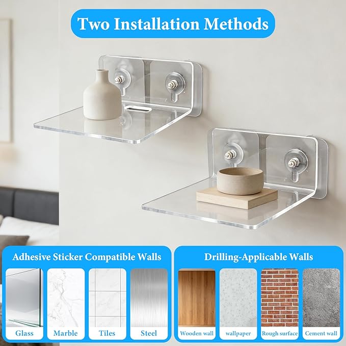 6 Pack Acrylic Mini Wall Mount Floating Shelves, Clear Small Flexible Shelf for Wall Security Camera Shelf for Bedroom, Bathroom, Living Room, Office with 2 Types of Installation