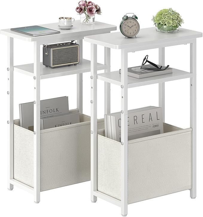 Narrow Side Table Set of 2, Skinny End Tables with Fabric Basket, Small Side Tables for Small Space,2-Tier Open Shelves with Basket, Slim Nightstands Set 2 for Bedroom,Livinroom,Office,White