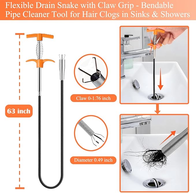 Drain Snake, Drain Clog Remover - Gutter Cleaning Tools Drain Cleaner for Toilet Sewer Shower Kitchen Bathroom Tub Clogged Drains Opener Cleaning Tool, Flexible Grabber Claw Pick Up Reacher (63 inch)