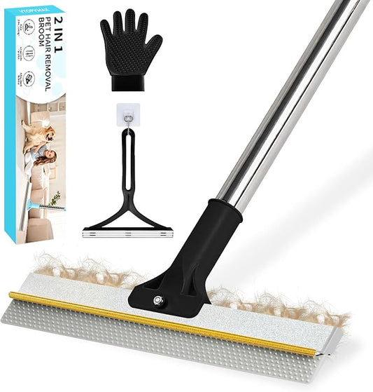 Carpet Rake for Pet Hair Removal - Upgraded 2-in-1 Carpet Broom with Copper Scraper & TPU Brush, 54’’ Adjustable Long Handle Reusable Cat Dog Hair Remover Tool for Deep Cleaning Rugs, Mats (Black)
