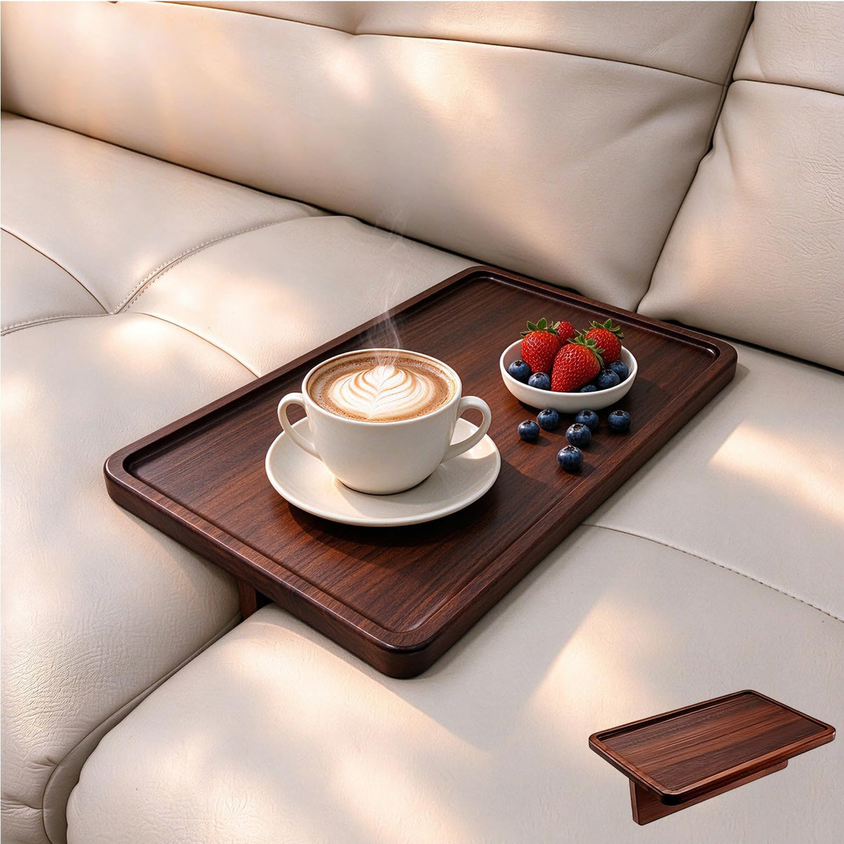 10"x16" Pine Wood Sofa Tray, Foldable Insert Cup Holder - Image 1