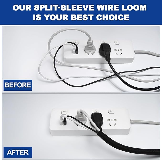 Split-Sleeve Wire Loom for High-Temperature Automotive Harness and Home Cable Management, 25ft - 1 inch Braided Cable Management Sleeve Cord Protector, Self-Wrapping Split Wire Loom