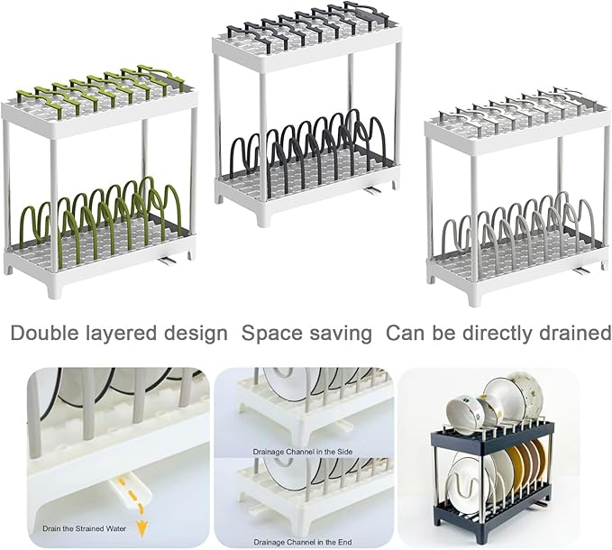 Double-Layer Pot and Pan Lid Organizer with Drainage, Adjustable 16 Compartments for Kitchen Cabinets - Bakeware, Cookware, Cutting Boards & Dishes (Dark Grey)