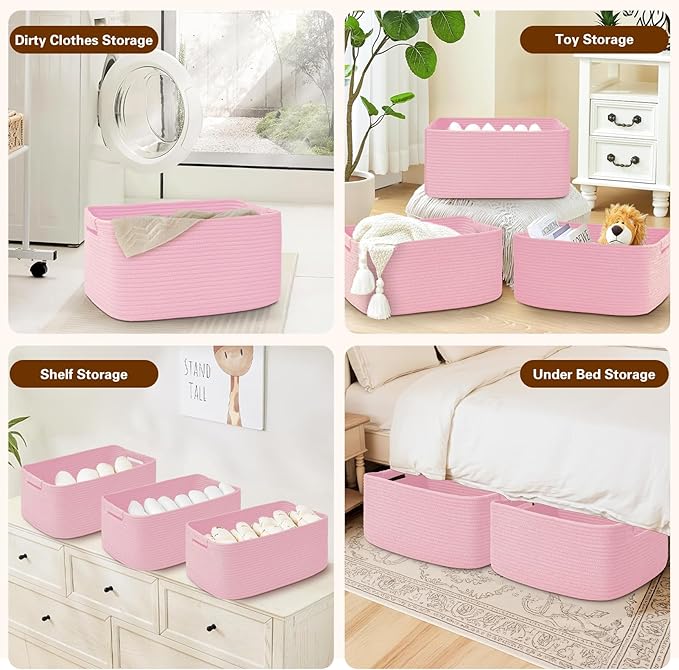 3 Pack Large Storage Basket for Organizing, 17.5"x13"x7" Woven Basket for Shelves, Closet Cube Storage Bins with Wrapped Handle, Cotton Rope Baskets for Kitchen, Clothes, Toys(Light Pink)