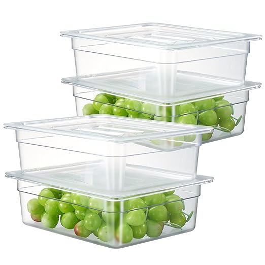 CURTA 4-Pack 1/2 Size 4" Deep NSF Polycarbonate Food Pans with Handled Lids & Drain Trays | Dishwasher & Freezer Safe Clear Container for Prep Tables, Buffet, Salad Bar, Commercial & Home Kitchen