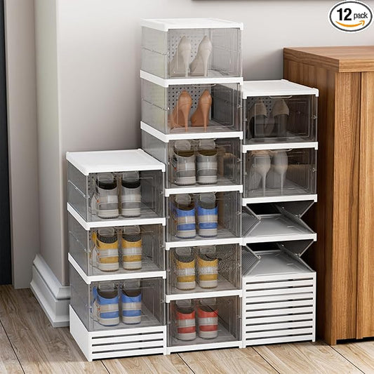 YIIHAA 6 Tier Shoe Rack Shoe Storage Box Size up to 14, No Assembly Stackable with Clear Door, Free Standing Shoe Shelf Cabinet with Lid, Plastic Shoe Rack (Transparent)