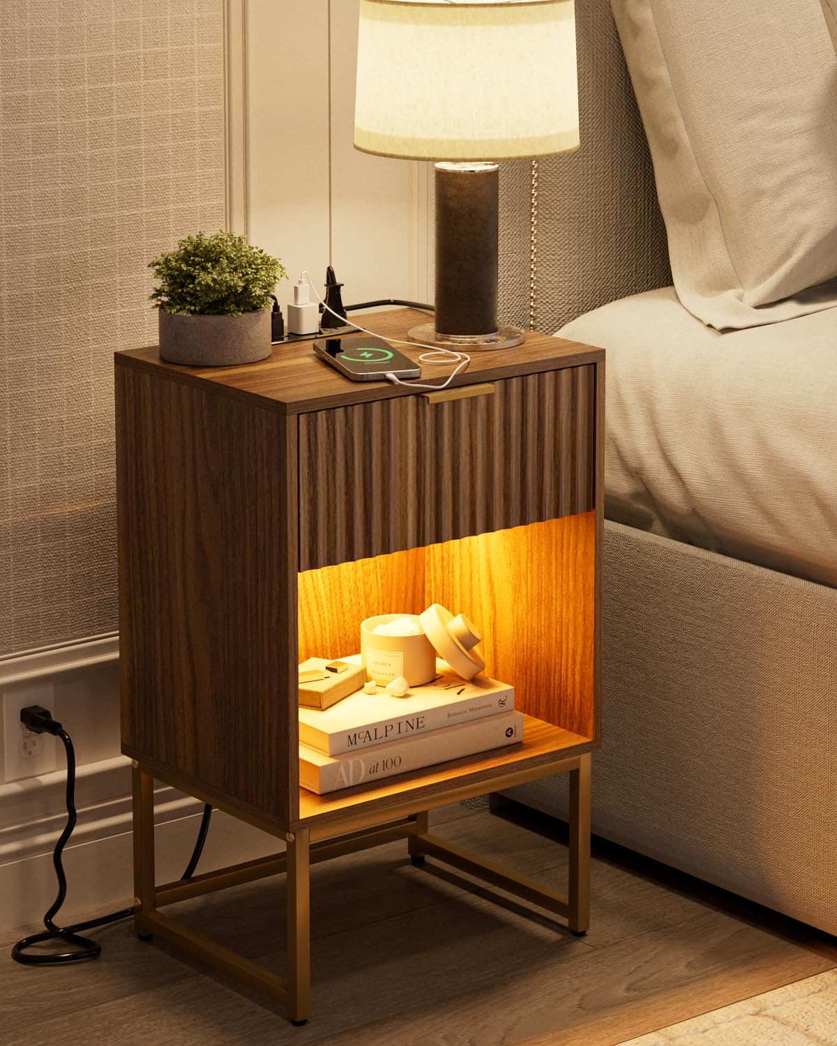 Masupu Fluted Nightstand with Charging Station and LED - Image 1