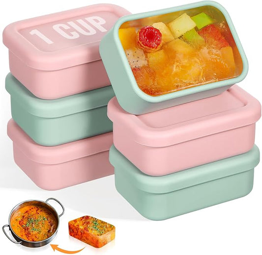 6 Packs 1 Cup Silicone Soup Freezer Molds with Lid Silicone Soup Freezer Trays Rectangle Reusable Food Preserving Tray Freezing Sauces Stews(Pink, Sage Green)