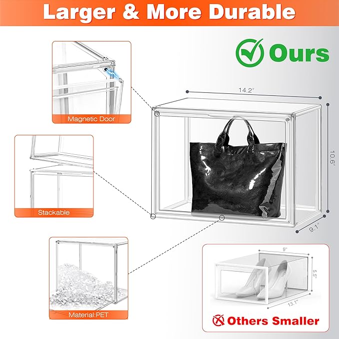12 Pack X-Large Acrylic Purse Storage Display Case 14.1x8.9x10.6'',Size 15 Clear Shoe Box,Stackable Sneaker Case with Magnetic Lid, Multipurpose Closet Storage Bin for Handbag,Cosmetics,Collectibles