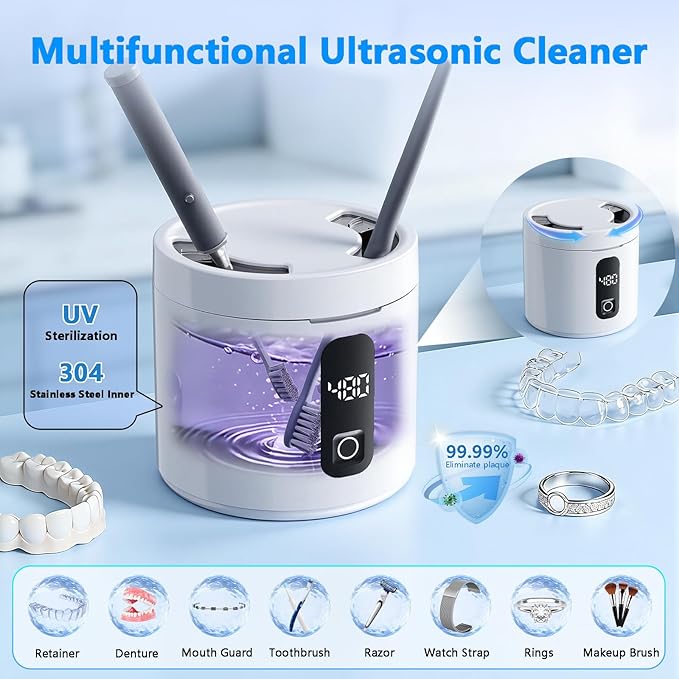 Ultrasonic Retainer Cleaner Machine, Rechargeable Denture Cleaner 4000mAh Battery | 48kHz Ultrasonic Dental Cleaning Pod for Night Guard, Invisalign, Braces, Denture, Toothbrush and Jewelry - White
