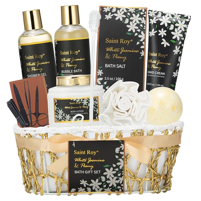 11 Pcs Spa Day Gifts for Women, White Jasmine & Peony Spa Gift Basket Set, Self-Care Relaxation Kit, Nail Clippers Set, Bath & Body Care Set, Bomb, Birthday, Mother's Day, Christmas, Anniversary