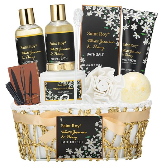 11 Pcs Spa Day Gifts for Women, White Jasmine & Peony Spa Gift Basket Set, Self-Care Relaxation Kit, Nail Clippers Set, Bath & Body Care Set, Bomb, Birthday, Mother's Day, Christmas, Anniversary