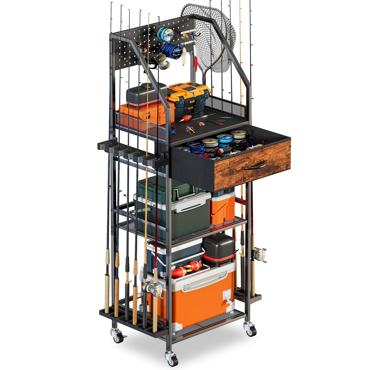 Fishing Rod Holder Organizer with Fabric Drawer & Pegboard - Image 1