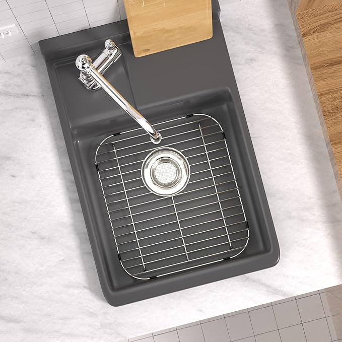 SANNO Sink Bottom Grid for Kitchen, Sink Protectors with Rear Drain Hole for Double Sink,Stainless Steel,13" L x 11.6" W