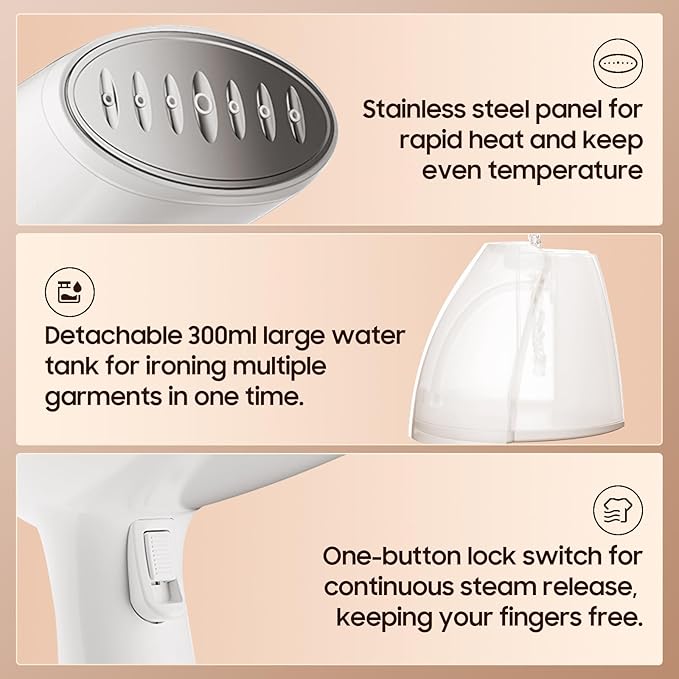 Portable Handheld Steamer for Clothes - 1350W Hand Held Clothes Steamer 15S Fast Heat-up, Heat-Resistant Steam Iron Remove Wrinkles for All Fabrics, 300ml Tank for Travel/Hotel