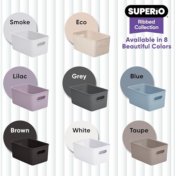 Superio Ribbed Collection - Decorative Plastic Basket Open Home Storage Bins Organizer, Medium White (6 Pack) Container Boxes for Organizing Closet Storage Bins for Shelves Drawer Shelf 5 Liter