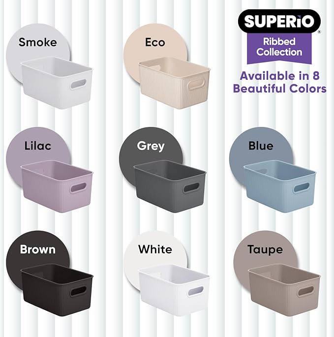 Superio Ribbed Collection - Decorative Plastic Basket Open Home Storage Bins Organizer, Medium Brown (6 Pack) Container Boxes for Organizing Closet Storage Bins for Shelves Drawer Shelf 5 Liter