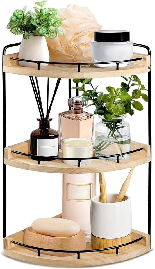 3 Tier Bathroom Counter Organizer, Bathroom Counter Tray and Vanity Organizer, Wood Corner Countertop for Kitchen, Dresser (Rustic Wood)