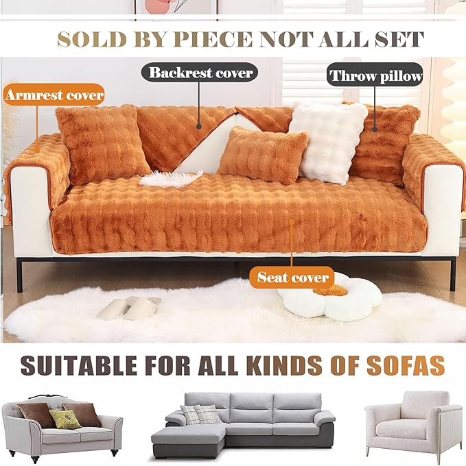 Soft Warm Faux Fur Couch Sofa Cover Thick Shaggy Fuzzy Sectional Couch Cover Non-Slip Solid Color Plush Sofa Slipcover Furniture Protector for Kids, Pets (Dark Orange,43"x43")