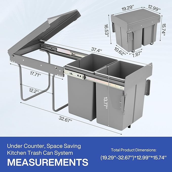 Double Pull Out Trash Can for Under Kitchen Cabinets 44 Qt with Soft-Close Slides, Under Sink Garbage Waste Recycling Bin with Lid for Cabinet, Gray