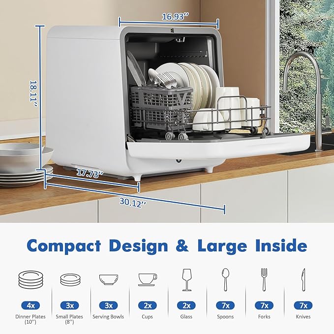 Countertop Dishwasher, Mini Dishwasher with Faucet & Manual Water Tank(5L) Modes Water Inlet, Compact with More Space Inside,6 Programs Ideal for RV & Apartments, No Hookup Needed