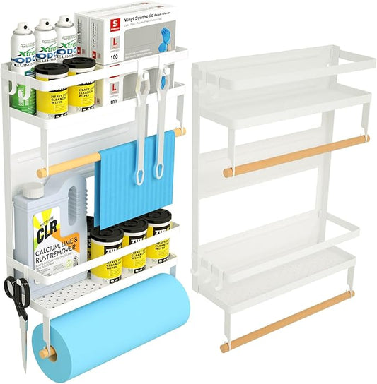 Paper Towel Holder with Shelf, 2-in-1 Magnetic Paper Towel Holder Shelf with Removable Hooks, Heavy Duty Paper Towel Organizer for Tool Shed, Garage, Workbench, Kitchen, Craft Room, Laundry Room,White
