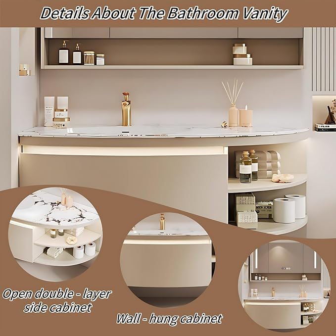 40IN Floating Bathroom Vanity, Wall Mounted Wood Sink Cabinet with Smart Sensor LED Light Strip & Open Style Side Cabinet | LED Lights & Defogging Function, Single Sink Vanities Set (Beige)