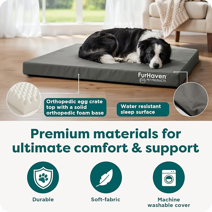 FurHaven Water-Resistant Orthopedic Dog Bed for Large Dogs, Oxford Polycanvas Mattress with Orthopedic Egg Crate Foam for Joint Support, Removable Washable Cover, Large, Stone Gray