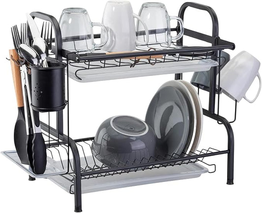 Farenheit 2-Tier Dish Rack for Kitchen Counter – Side Sink Large Black Dish Drying Rack with Utensil Holder, Sink Caddy & Cutting Board Organizer – Durable Stainless Steel Dish Strainer