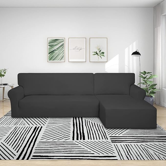 PureFit Super Stretch Sectional Couch Covers - 2 pcs Spandex Non Slip Sofa Covers with Elastic Bottom for L Shape Sectional Sofa Couch, Great for Kids & Pets (3 Seat Sofa + 2 Seat Chaise, Dark Gray)