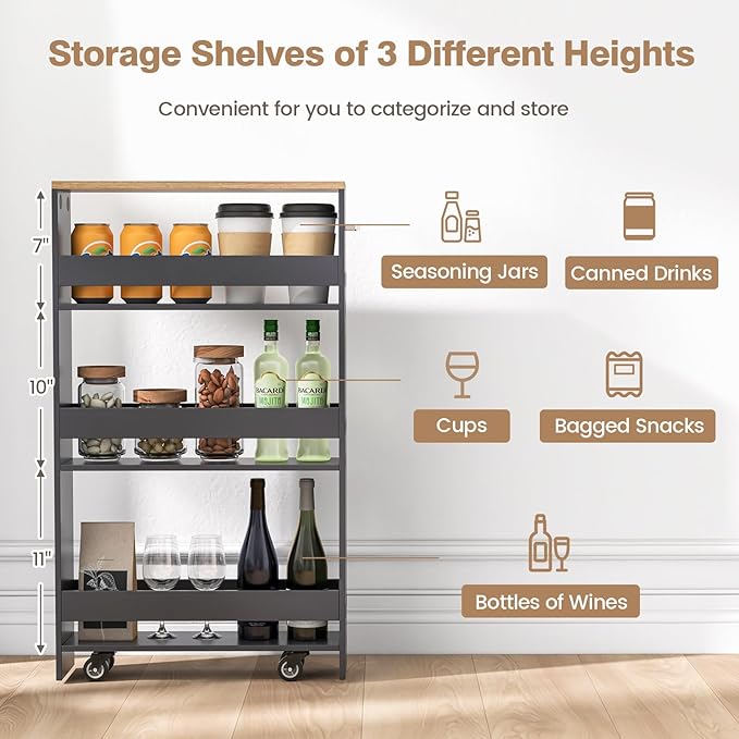 Rolling Storage Cart, 4 Tier Slim Storage Cabinet with 4 Universal Wheels, Convenient Handle, Narrow Laundry Cart for Small Space Bathroom Office