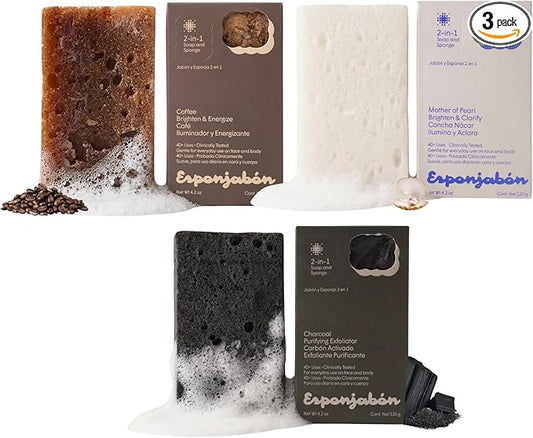 T.Taio Esponjabon Mother of Pearl, Charcoal, and Coffee Soap Sponges — Shower Scrubbers That Remove Oil and Dirt — Sponges to Scrub Foot, Elbow, and Face — Bathroom Accessories — Fresh Scent (3-Pack)