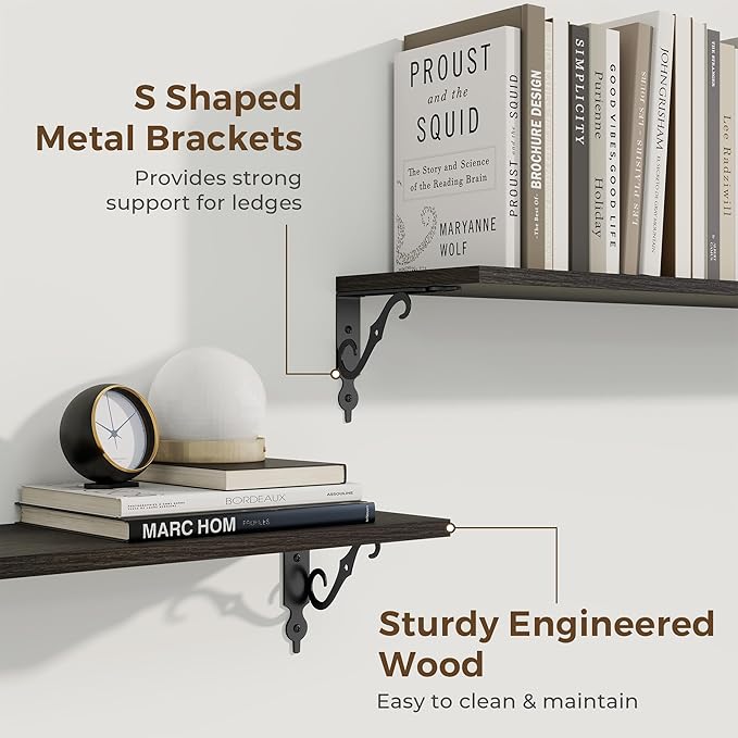 RICHFOCUS Floating Shelves for Wall Decor, 31.5W x 8D Shelves Set of 2, 8" Deep Rustic Wood Floating Shelves Wall Mounted with Metal Brackets, Shelves for Living Room Bedroom Kitchen, Black