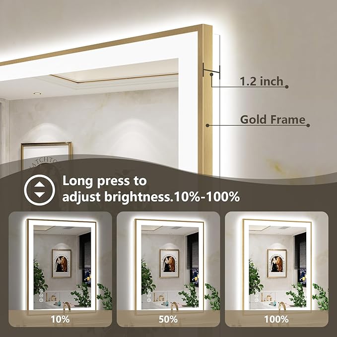 24x36 Inch LED Bathroom Mirror with Lights (Front Lit and Backlit) Gold Framed Lighted Vanity Mirror for Bathroom Wall Dimmable Anti-Fog Memory Tempered Glass Horizontal/Vertical