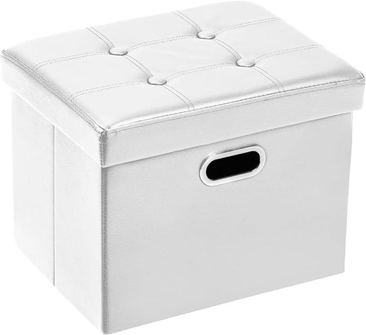 COSYLAND Storage Ottoman 17x13x13in Leather Rectangle Foot Rest Folding Bench Seat Organizer Entryway Furniture with Handles Lid White