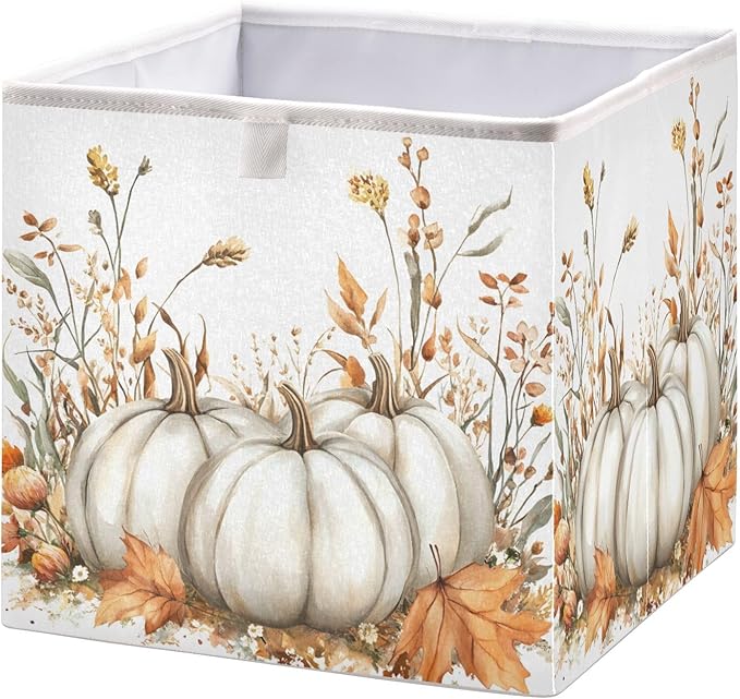 White Pumpkins and Fall Flowers Leaves Autumn Colors O Closet Organizers Storage Cubes Storage Bins Shelf Baskets Containers for Home Room Office,Square
