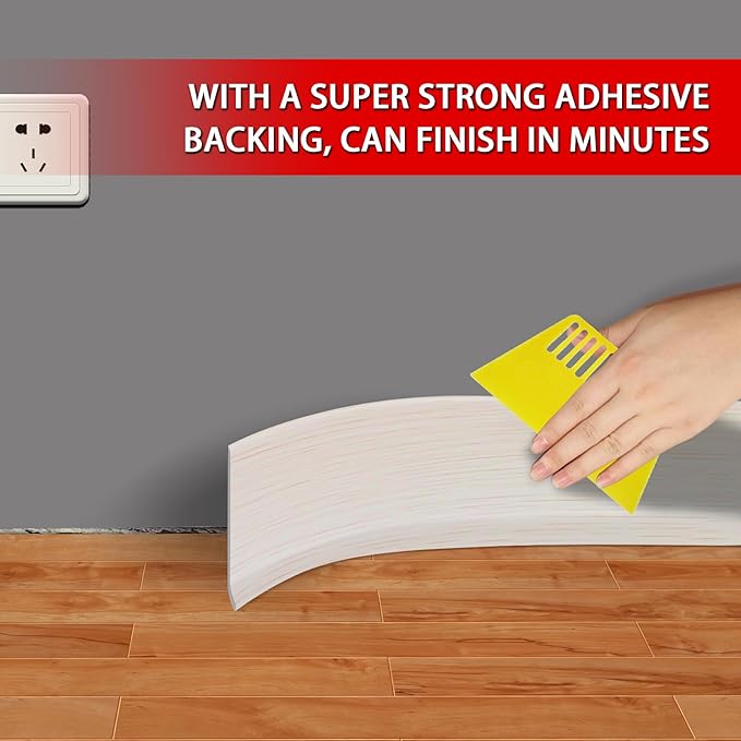 Vinyl Wall Base Baseboard Molding Trim 4" Flexible Self Adhesive Rubber Wall Base Moulding Trim Peel and Stick Design, 4 Inch x 60 Feet, Beige Wood Grain