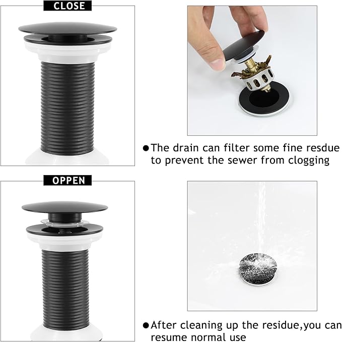 Bathroom Sink Drain,2 Pack Drain Stopper Without Overflow,Pop Up Drain Assembly with Detachable Strainer Basket,Built-in Anti-Clogging, Stainless Steel Nut Mattle Black