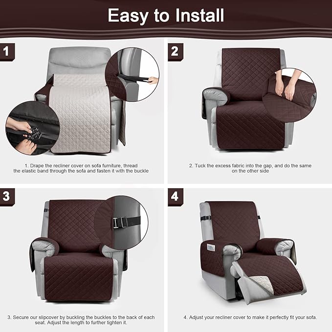 KinCam 100% Waterproof Recliner Chair Cover, Reclining Couch Covers for Pets, Dogs, Recliner Couch Slipcover Furniture Protector with Elastic Straps for Kids(23.6", Dark Coffee)
