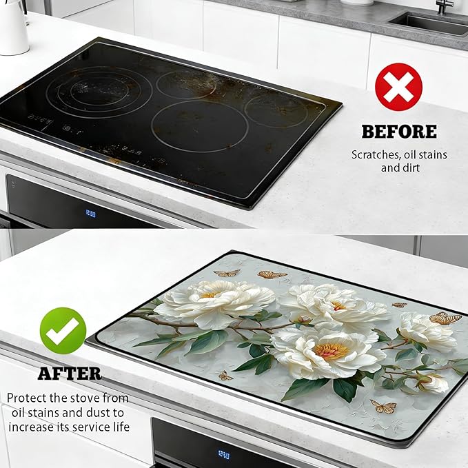 Glass Stove Top Covers for Electric Stove, Heat Resistant Counter Protector Mat, Non Slip Waterproof Surface Cover for Kitchen Counter and Cooktop (White Peonies, 28"L x 20"W)